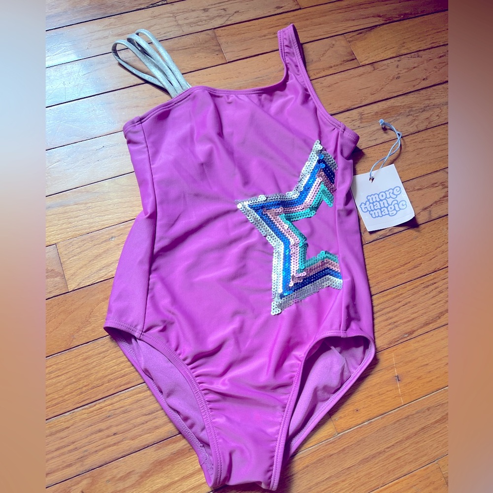 More Than Magic Sequin Star Lilac Purple & Silver Sparkly Swimsuit Girls 7/8